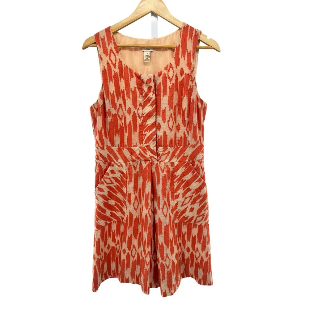 J Crew Cotton Blend Orange Beige Jacquard Sleeveless Fit & Flare Dress 8 Work